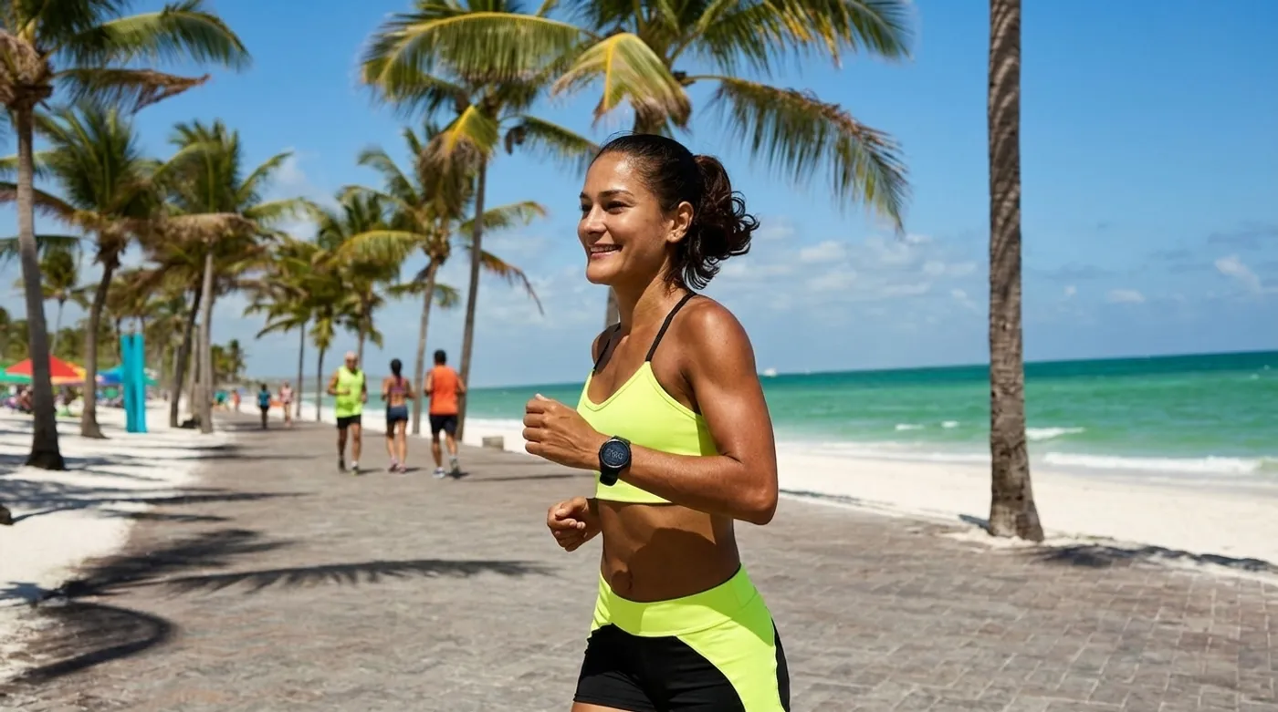 Atleta correndo na orla de Maceió com smartwatch