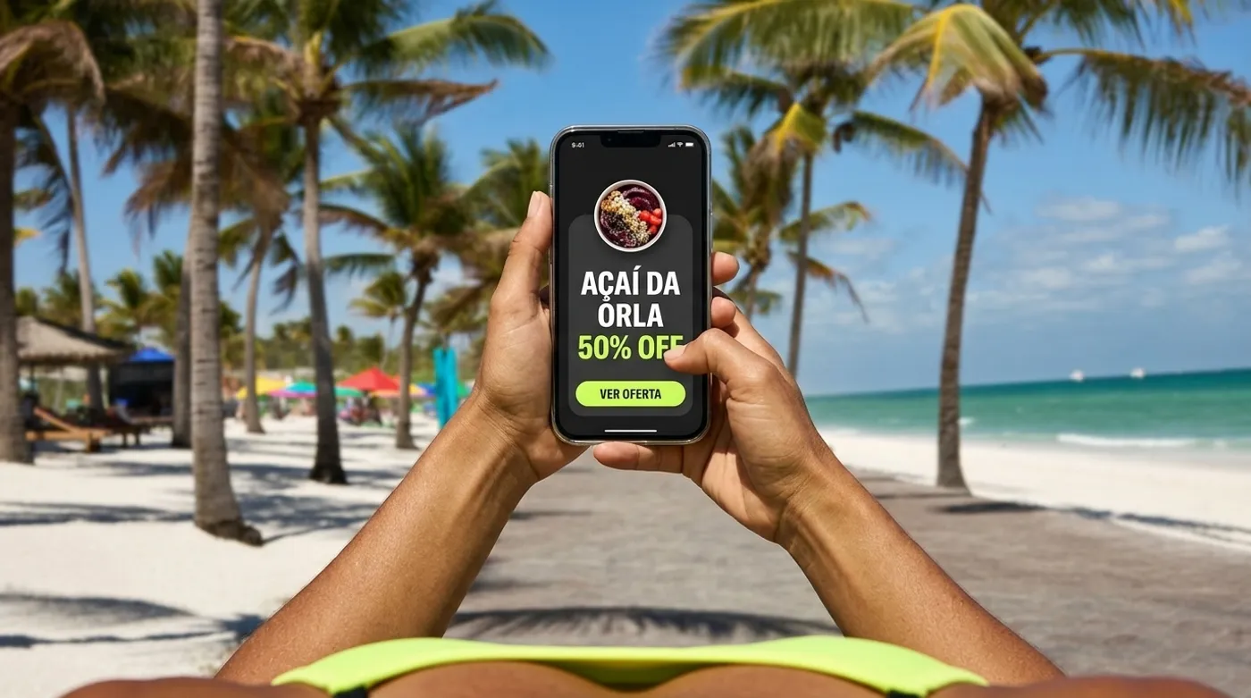 Visão em primeira pessoa do app CPG mostrando oferta de açaí com 50% off